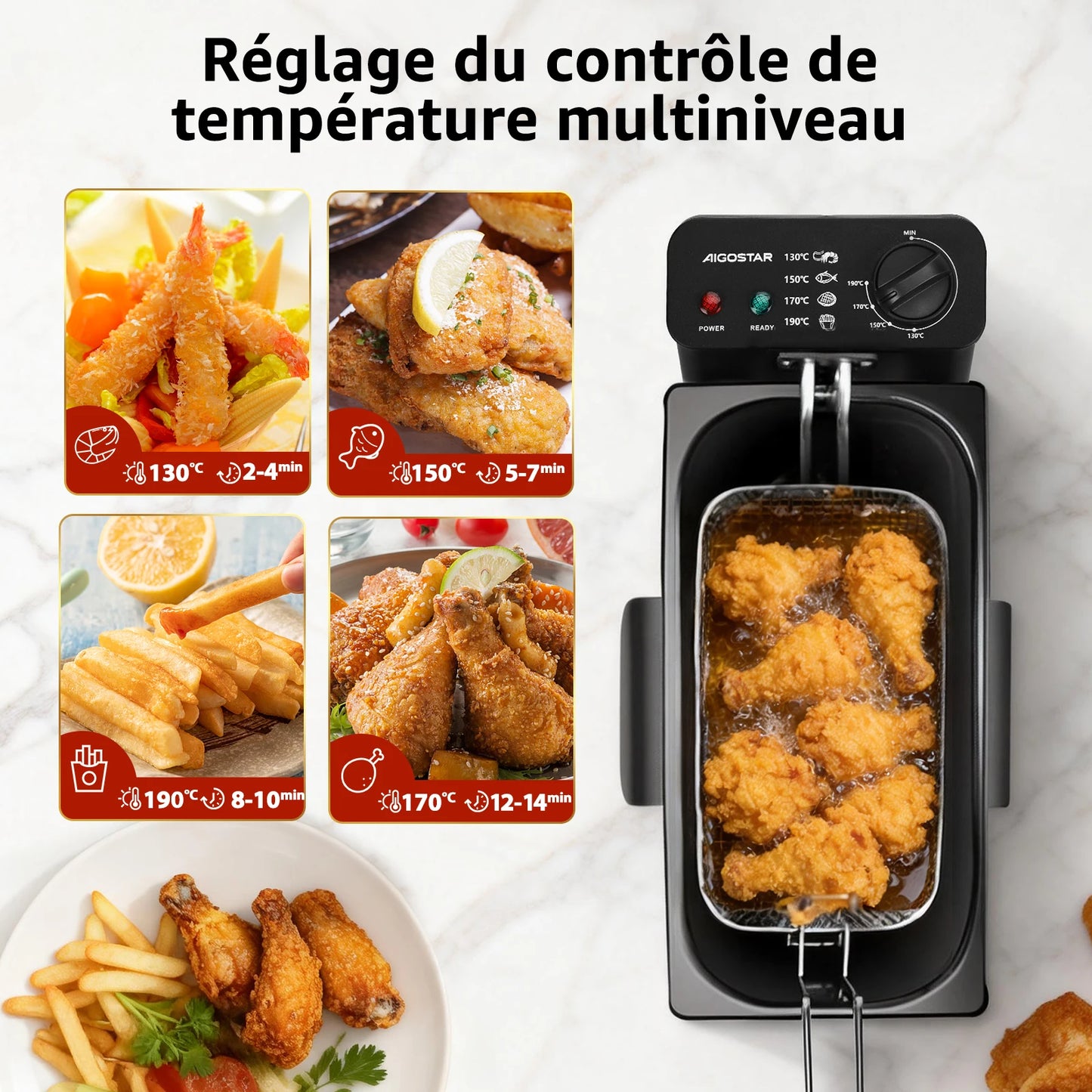 Friteuse Aigostar 2200 W, capacité 3 litres, avec hublot, thermostat et cuve amovible.