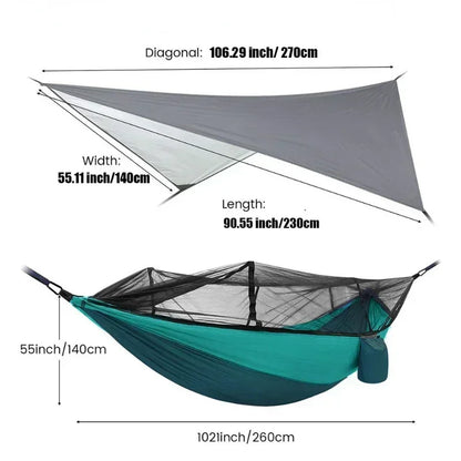 Hamac double de camping extérieur 260x140cm avec moustiquaire et bâche anti-pluie, hamac léger en parachute pour la randonnée et les voyages