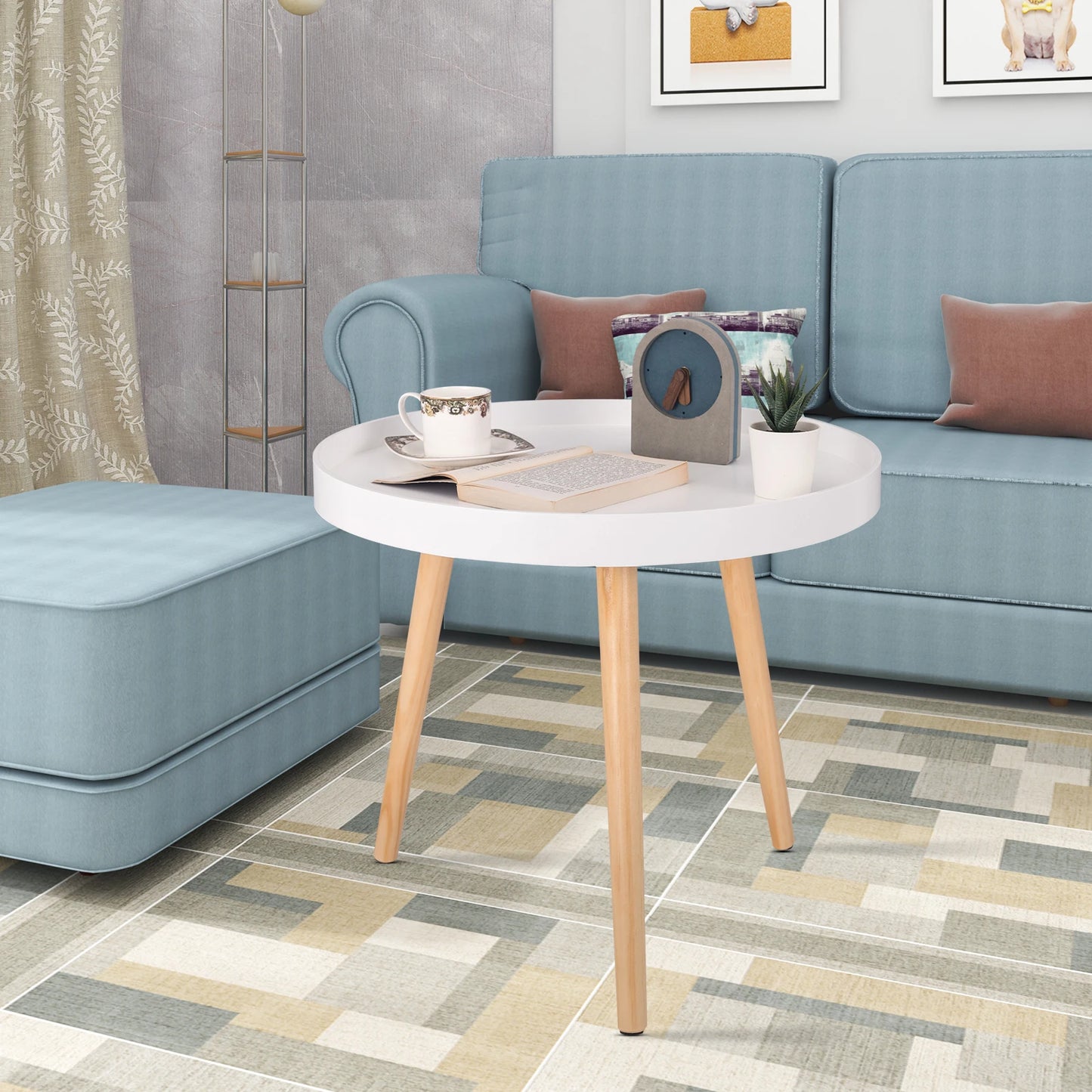 Petite table basse ronde woltu blanche, en bois massif, design scandinave