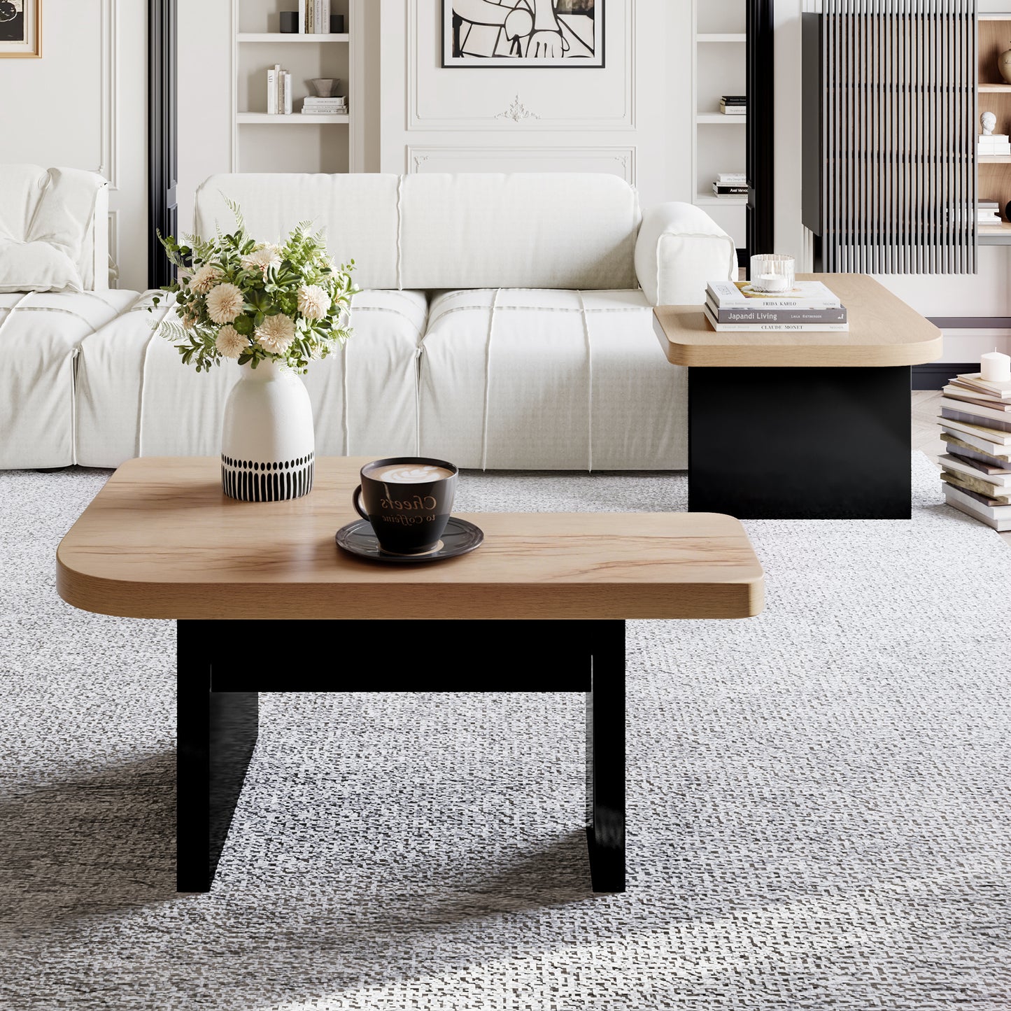 Conception de table basse 2 en 1, librement combinable, 2 tiroirs, ronds souples, pieds réglables en hauteur.