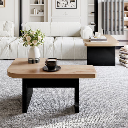 Conception de table basse 2 en 1, librement combinable, 2 tiroirs, ronds souples, pieds réglables en hauteur.