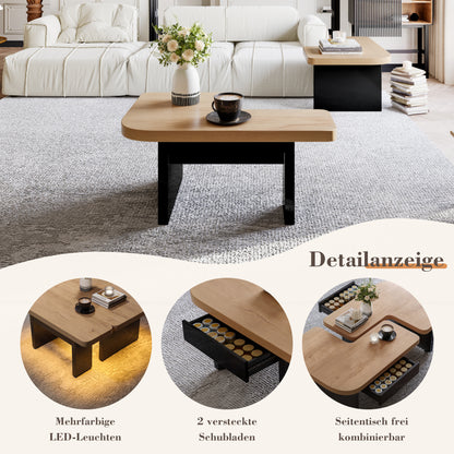 Conception de table basse 2 en 1, librement combinable, 2 tiroirs, ronds souples, pieds réglables en hauteur.