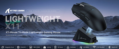 Souris gaming ATTACK SHARK X11, station de charge magnétique, capteur gaming PixArt PAW3311, 22 000 DPI, Bluetooth/2,4 GHz, sans fil/filaire