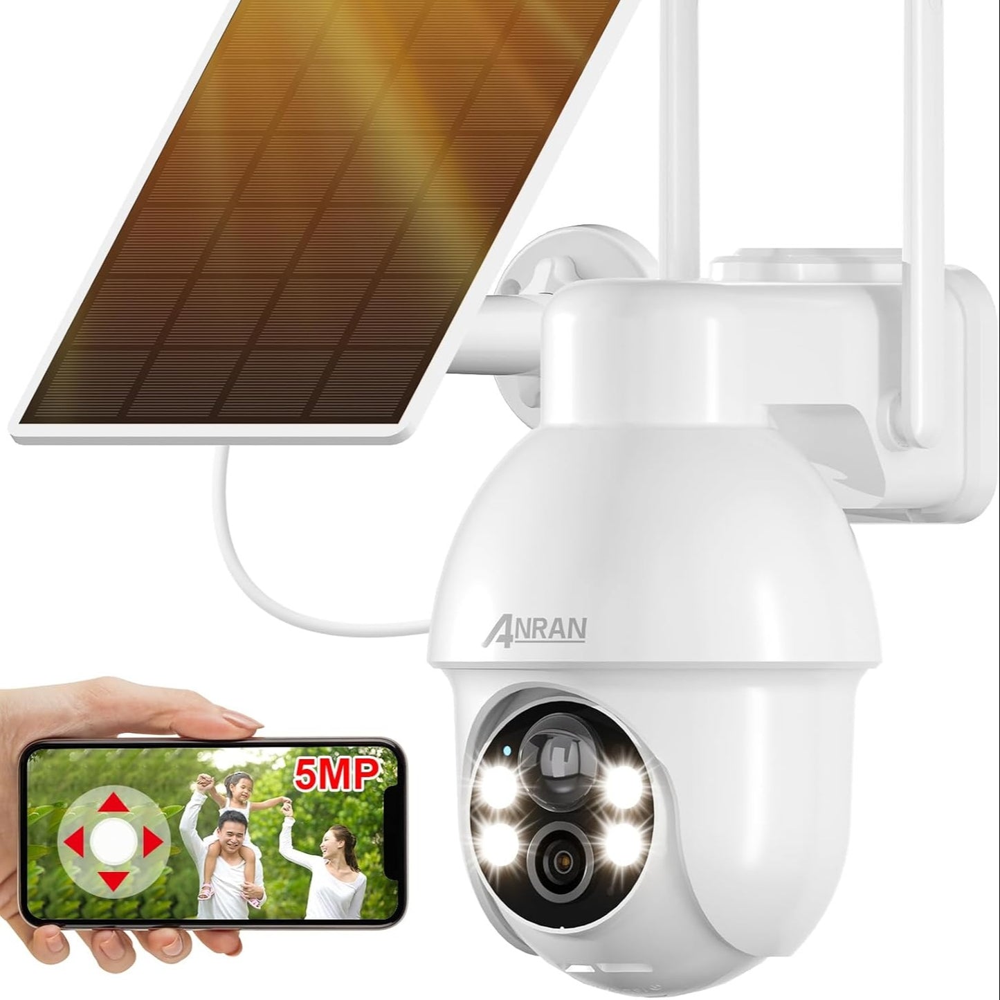 Caméra de surveillance HD 1296p solaire — Vision nocturne, détection de mouvement et rotation PTZ