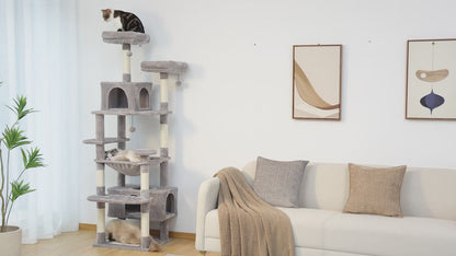 Grand arbre à chat multi-niveaux avec hamac, niches et griffoirs en sisal